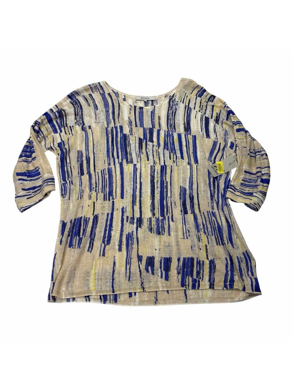 NWT Zozo 3/4 sleeve linen blend geometric stripe sweater. Size L. quiet luxury